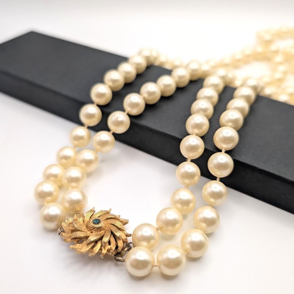 Marvella Double Strand Faux Pearl Necklace Gold Tone Floral Clasp 23" & 21"
